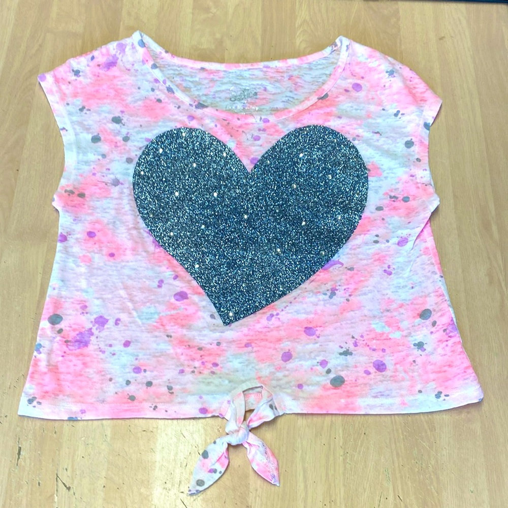 Justice Girls 12 Pink/White/Purple Shirt with Glittery/Beaded Silver Heart